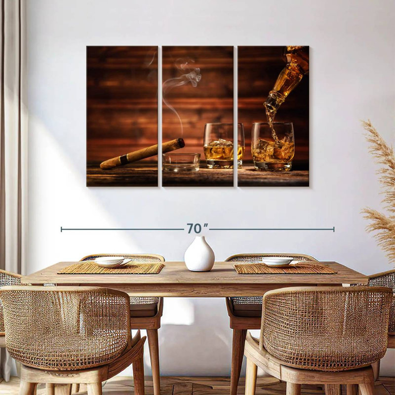 Excellent whisky - 3 pièces sur toile tendue, H 36 po x l 57 po x P 1,25 po