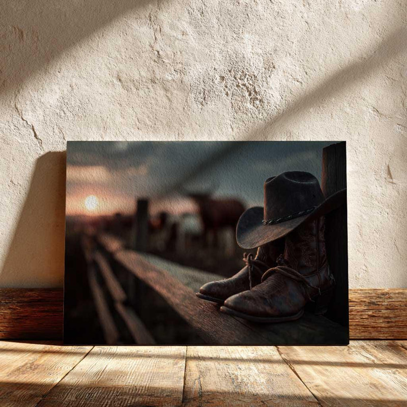 «Texas Cowboy Sunset», impression sur toile - décor mural occidental - bottes rustiques et chapeau campagnard