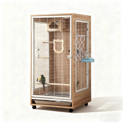 Minimalist Light Wood Metal Wire Bird Cage, Tall Vertical Parrot Aviary with External Bath Box & Pull-Out Waste Tray