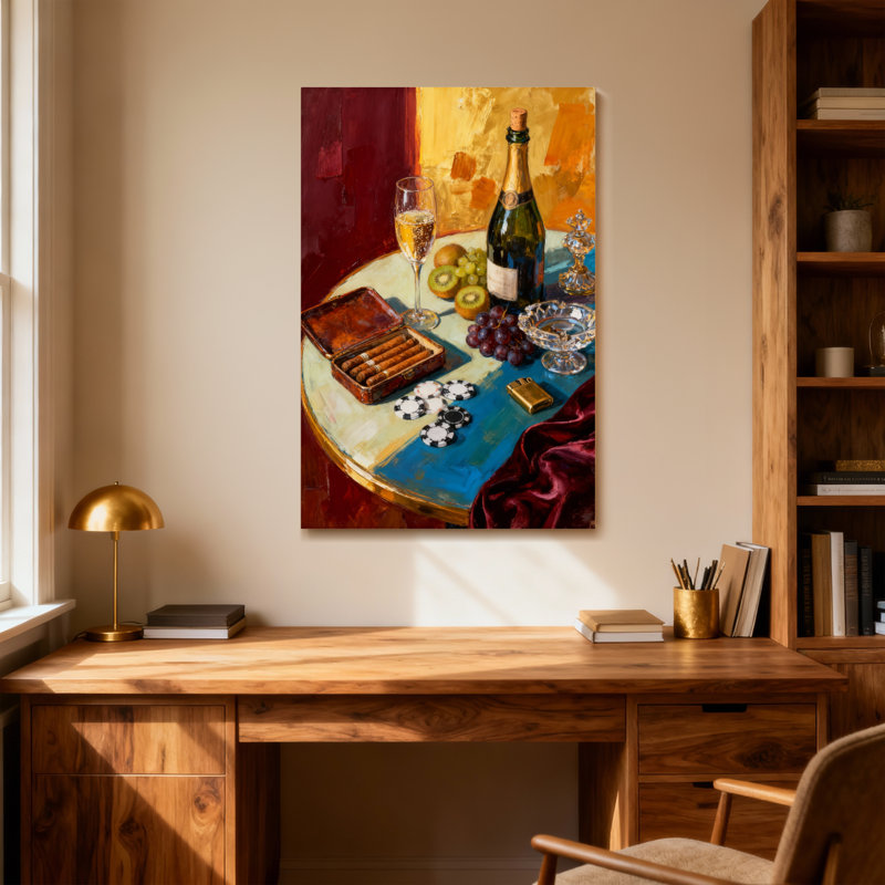 Mode nature morte avec champagne et cigares, H 24 po x l 16 po