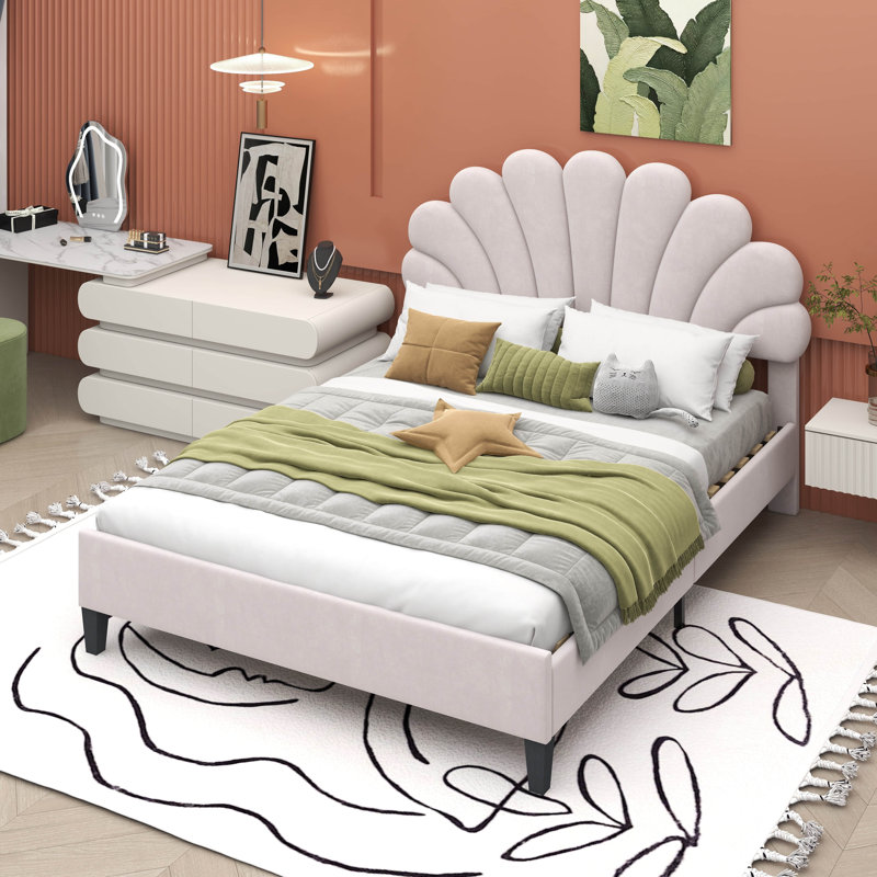 Lit plateforme tapissier avec tête de lit en velours à motif floral, Double, Beige