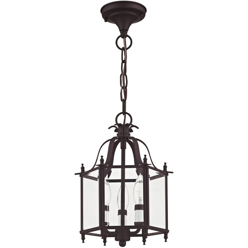 Luminaire suspendu géométrique 3 lumières Djamshid, Bronze, Verre biseauté transparent