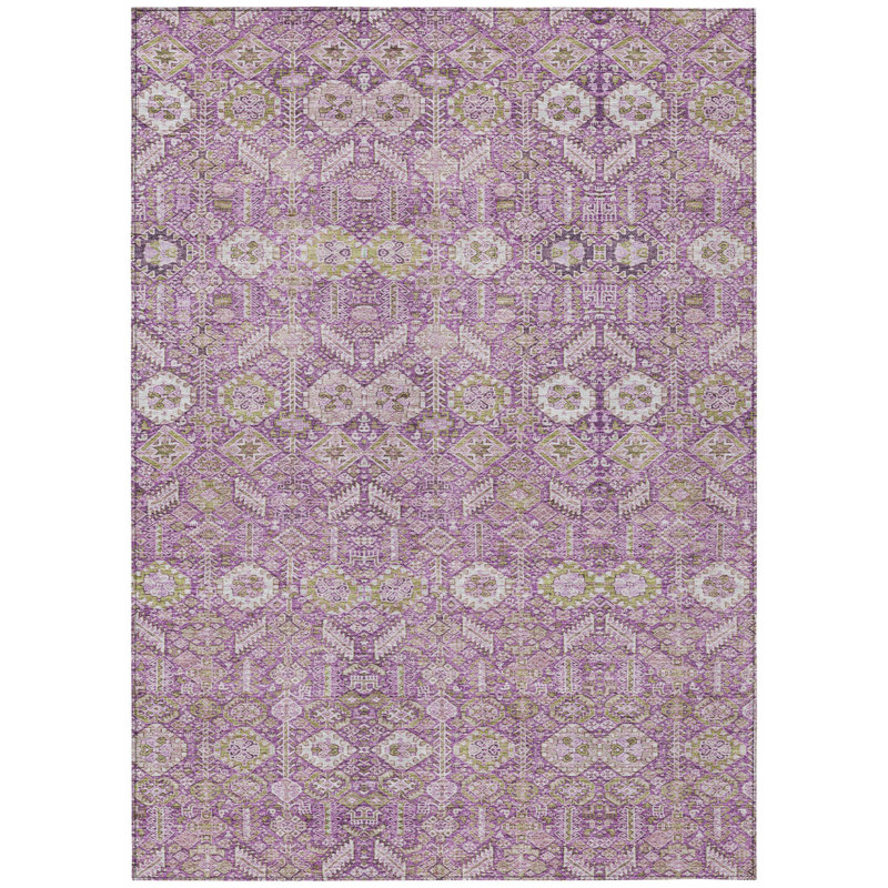3' X 5' Lavender and Ivory Floral Washable Non Skid Indoor Outdoor Area Rug