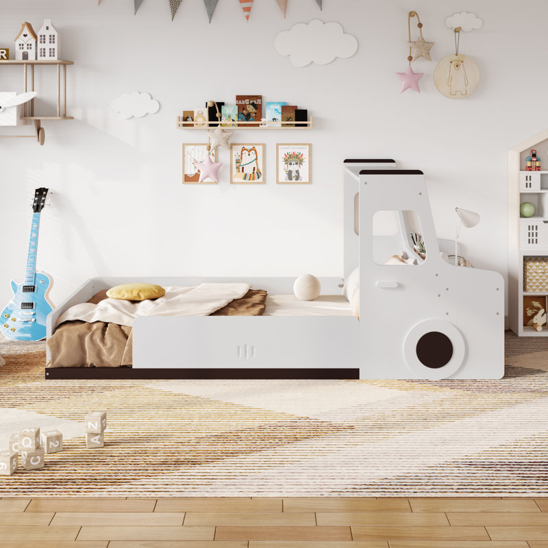 Car-shaped Floor Bed With Storage Drawers And Desk, Twin, White