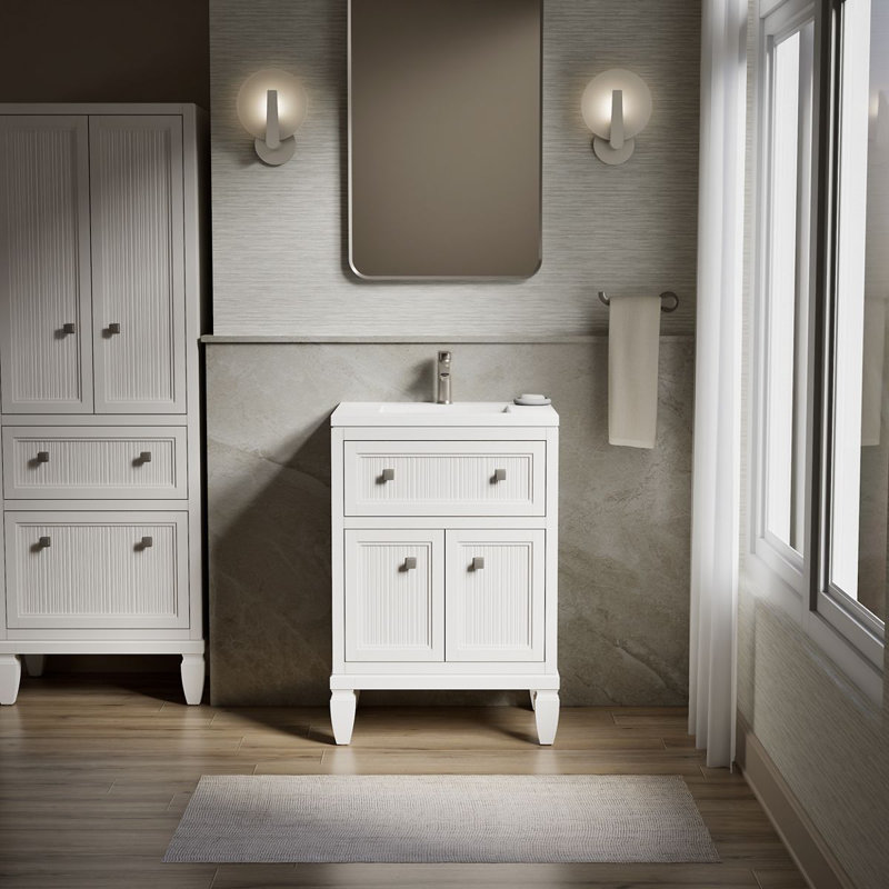 Meuble-lavabo sur pied simple avec lavabo et plateau en quartz Hearthaven, Blanc, 24"