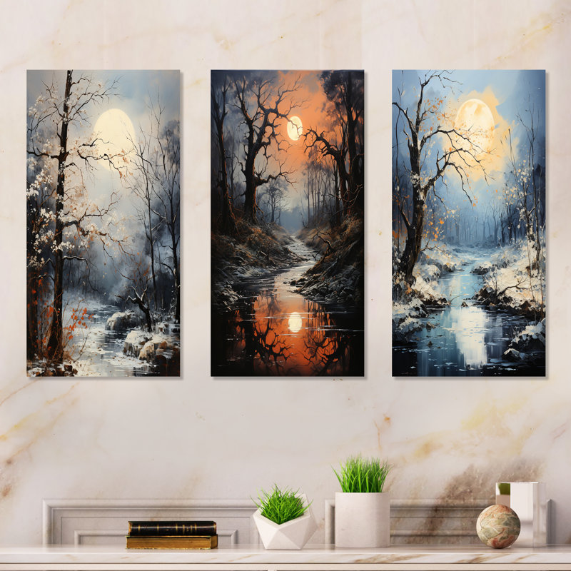 Moonlit Shadows In Winter - Tree Oak Metal Wall Art Prints Set Of 3, 32" H x 48" W