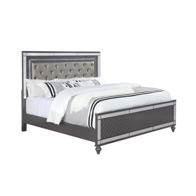 Refino Gray King LED Upholstered Panel Bed