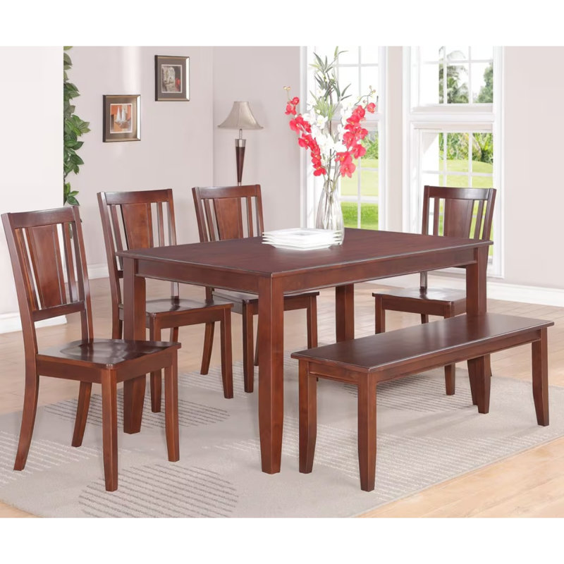 6 Piece Dining Set Contains a Rectangle Solid Wood Table and 4 Kitchen Chairs with a Bench, Mahogany , Wooden