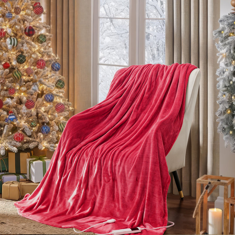Jeté chauffant électrique ultra-doux en flanelle avec 10 réglages de chaleur et un cordon très long, Rouge, L 60 po x l 50 po