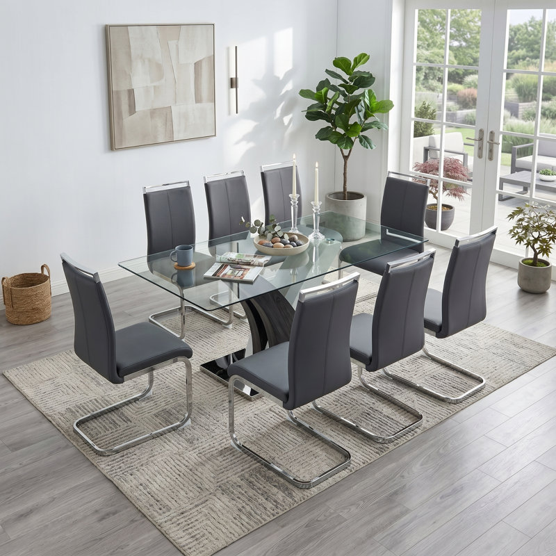 Harada 9-Piece 71" Rectangular Tempered Glass Dining Set with Metal Pedestal and Faux Leather Cantilever Chairs, Gray