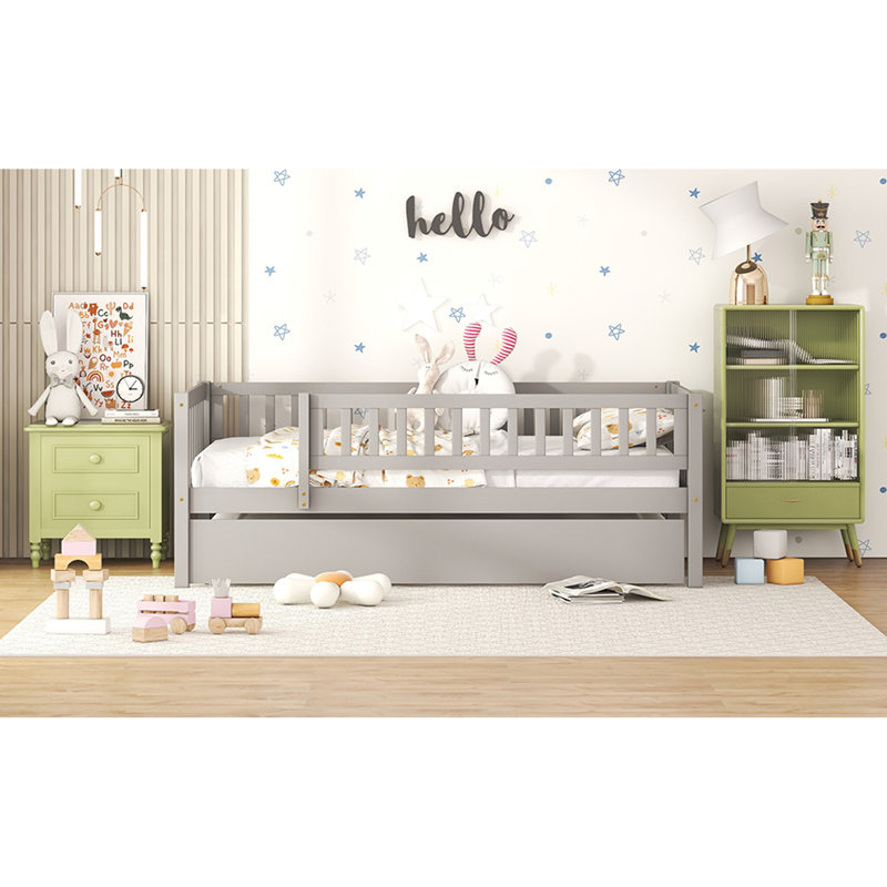 Wood Daybed With Trundle And Fence Guardrails, Twin, Gray