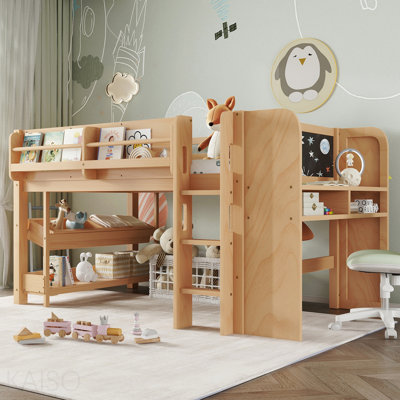 Lit mezzanine simple avec bibliothèques, boîtes et tiroirs multi-rangements, lits mezzanine bas en bois massif avec bureau et tableau noir, aucun sommier nécessaire, naturel