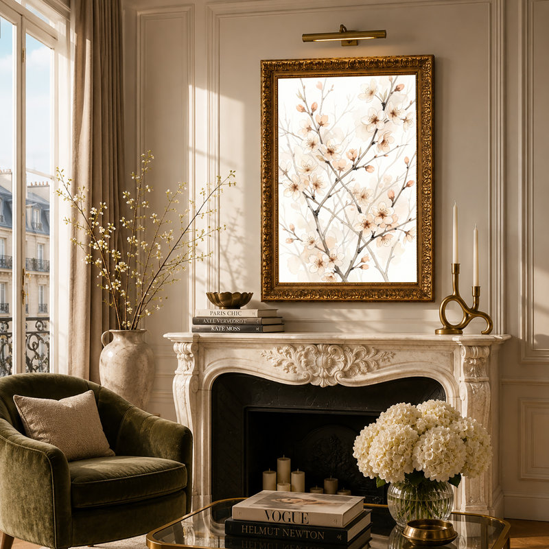 Art sur toile, branches de cerisier rose, H 24 po x l 16 po