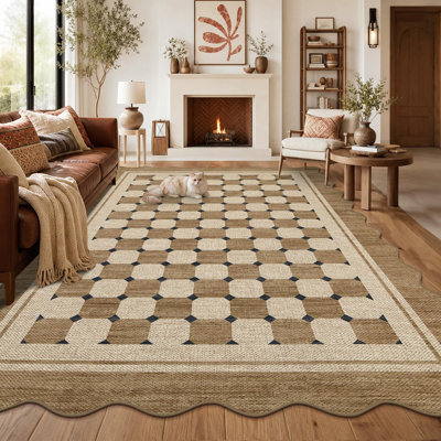 Tapis en jute Tapis à carreaux moderne Tapis festonné lavable Tapis antidérapant pour salon, chambre, salle à manger, cuisine, porche, entrée