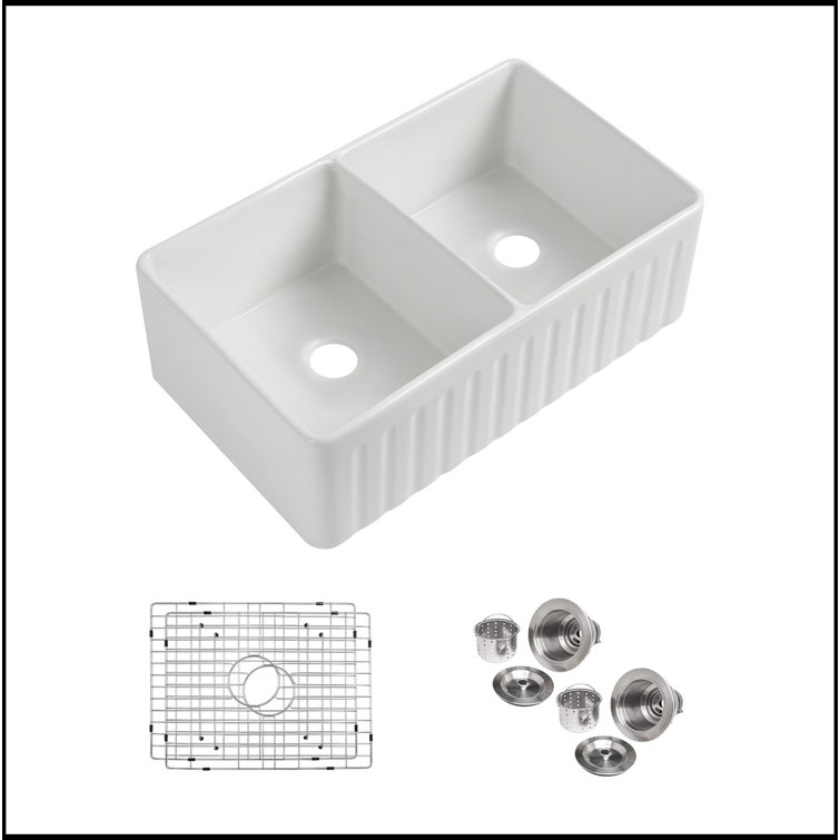 Double Basin Farmhouse Kitchen Sink With Grid And Strainer