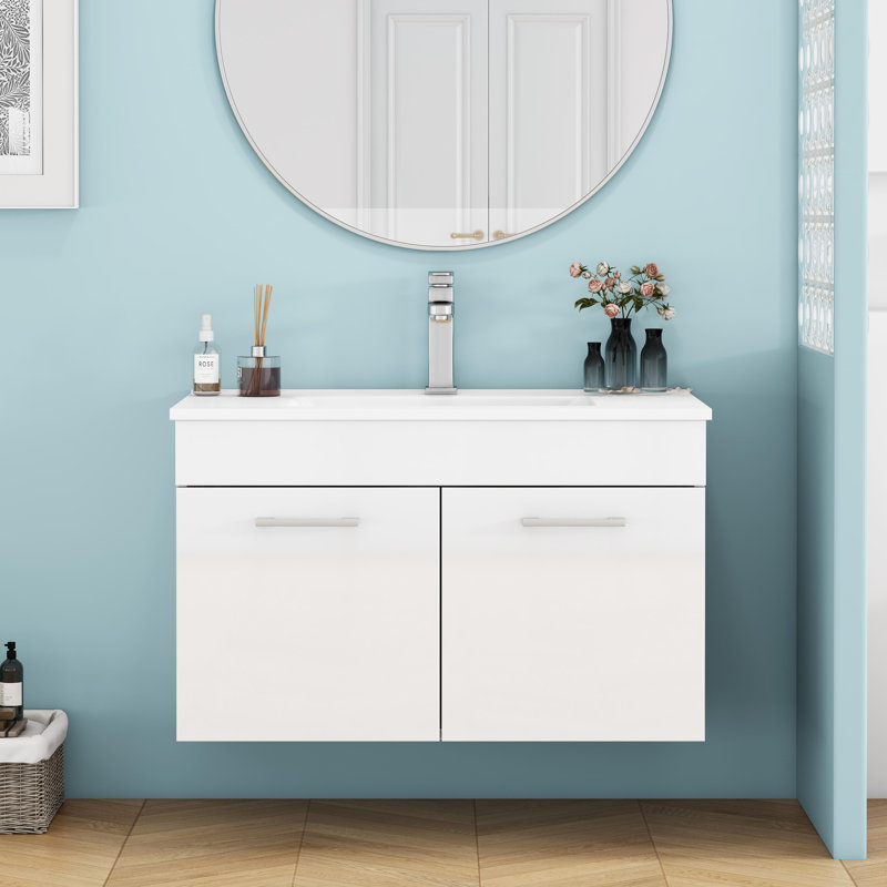 Meuble-lavabo mural moderne 32 po avec lavabo en céramique et portes à fermeture en douceur Vernon