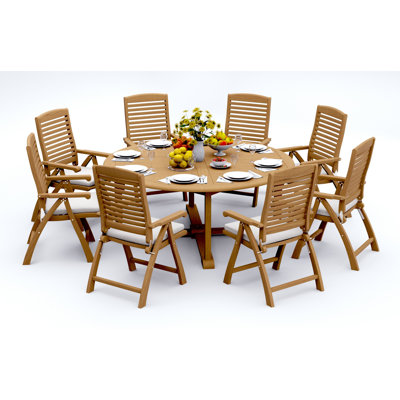 8 Seats 9 Pcs Grade-A Teak Wood Dining Set: 72" Round Table And 8 Ashely Folding Reclining Arm Chairs #11AS1708