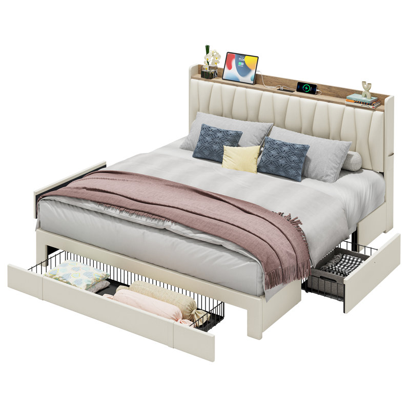 Upholstered Bed Frame with 3 Drawers, Bed with Storage Headboard and Charging Station, King, Beige