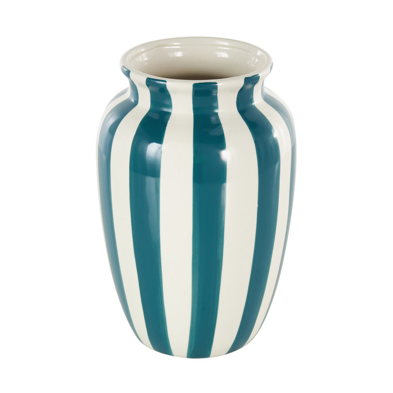 Cole And Grey Ceramic Round Wide Decorative Vase With Teal Vertical Stripes, Teal