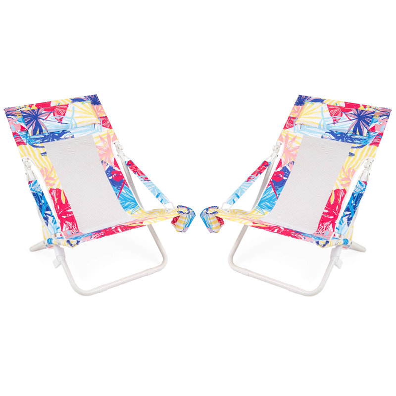 Folding Low Beach Chair, Set of 2 with Padded Head Pillow, Mesh Back, Cup Holder Pink, Pink/Blue/Yellow Floral