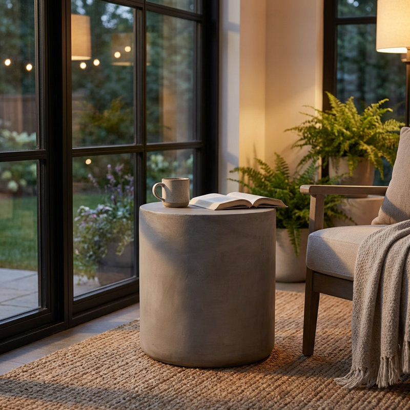 Modern Outdoor Lightweight Concrete Cylindrical Side Table
