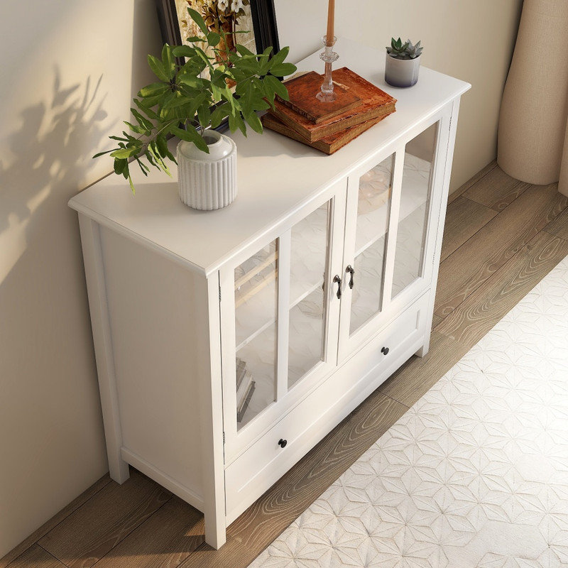 Armoire de rangement à double porte en verre, armoire d'appoint moderne avec poignées en forme de cloche uniques, crédence de rangement fonctionnelle pour le salon, la cuisine et le couloir