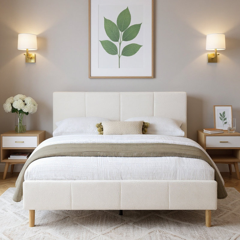 Upholstered Platform Bed, White, Queen