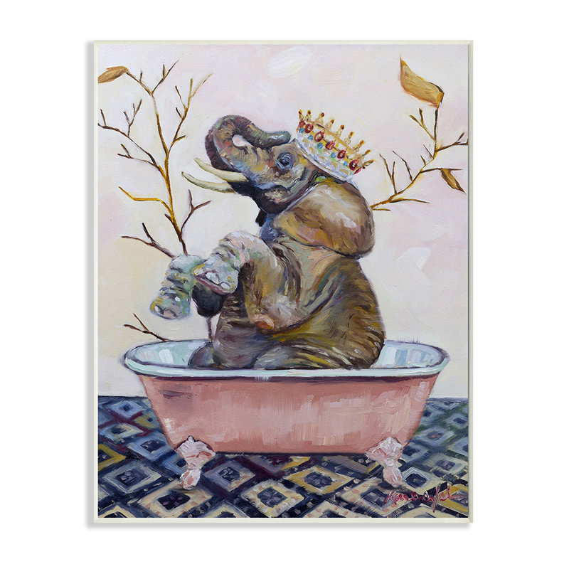 Regal Safari Elephant avec baignoire rose - impression d'art graphique, Plaque murale, H 15 po x l 10 po x P 0,5 po