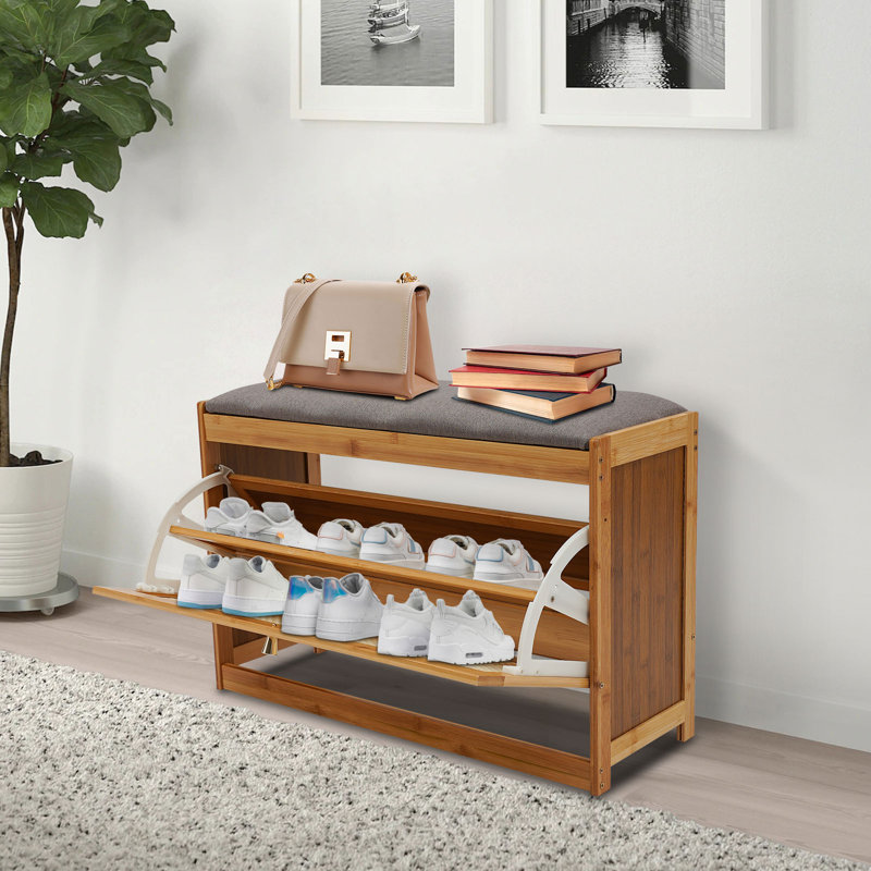 Banc de rangement 6 paires de chaussures en bambou avec coussin, Bois brun