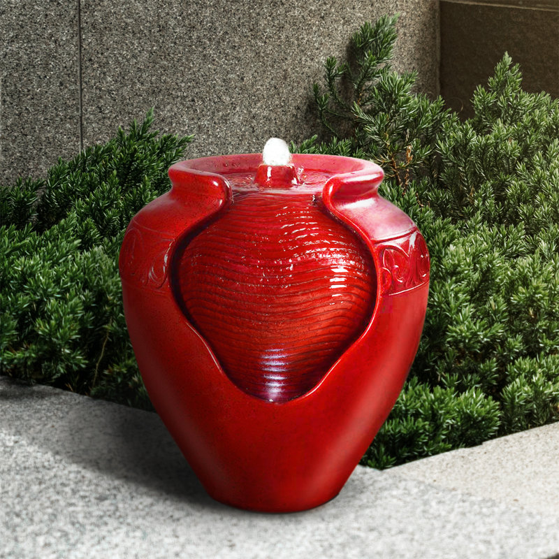 Hand Crafted Weather Resistant Urn Fountain with Light, Red