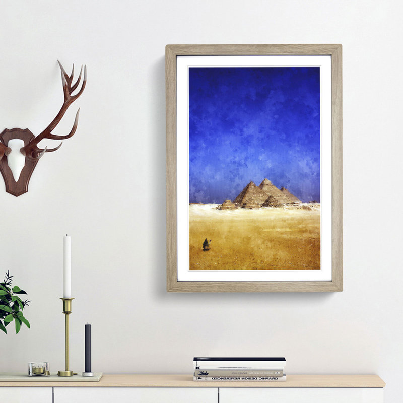 Camel by the Pyramids of Giza - Picture Frame Graphic Art Print, Oak Framed, 63cm H x 45cm W x 2cm D