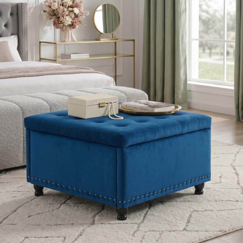 Repose-pieds carré avec rangement Arshi, Velours bleu