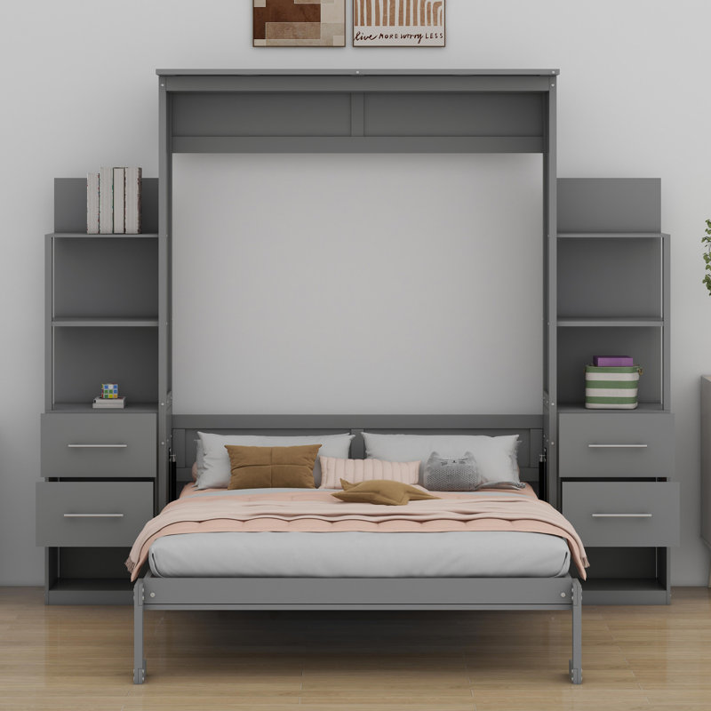 Lit escamotable mural avec tablettes Murphy, Gris, Grand lit