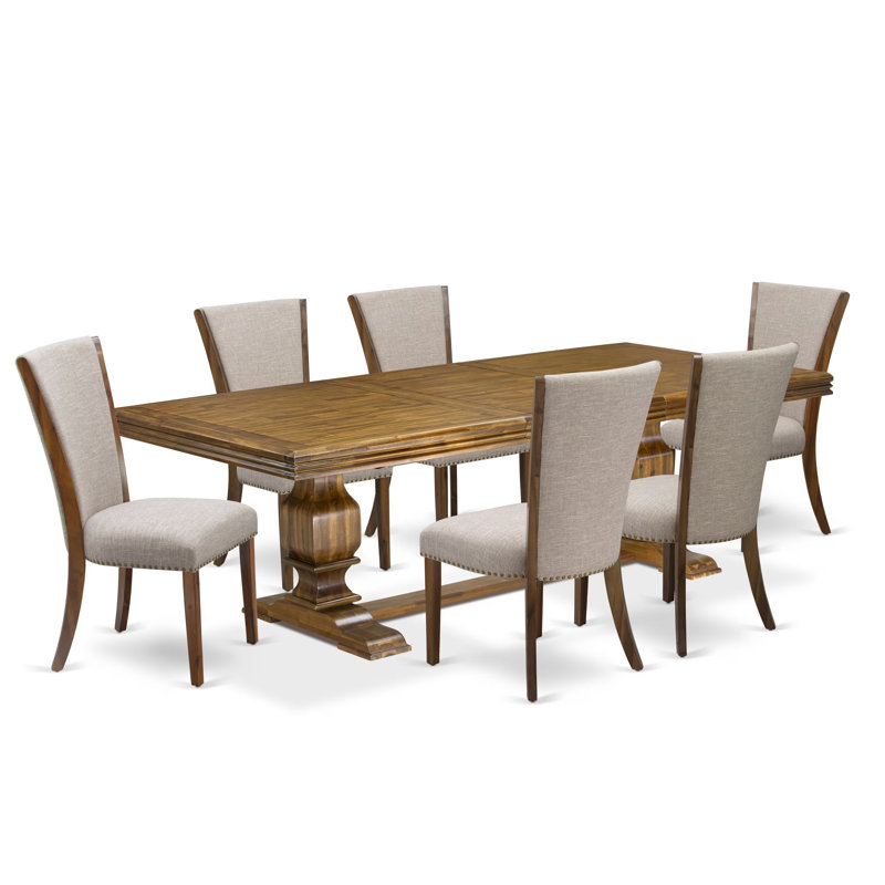 L'ensemble de table de salle à manger 7 pièces comprend une table de salle à manger moderne et 6 chaises de cuisine en lin brun clair avec dossier capitonné - Finition noyer antique