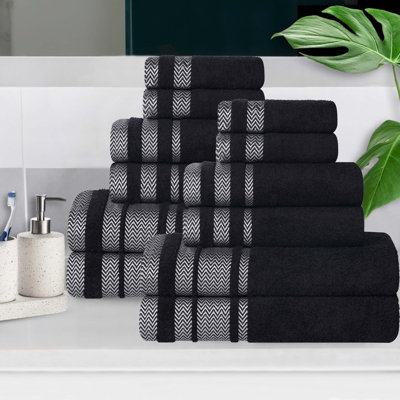 Ensemble de 12 serviettes de bain en coton dobby à bordure en peluche douce et absorbante, poids moyen