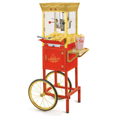 Chariot de maïs soufflé et de concession professionnel de 8 onces, 53 pouces de haut, donne 32 tasses de maïs soufflé, tasse à mesurer pour les grains, cuillère à mesurer pour l'huile, roues de 13 pouces