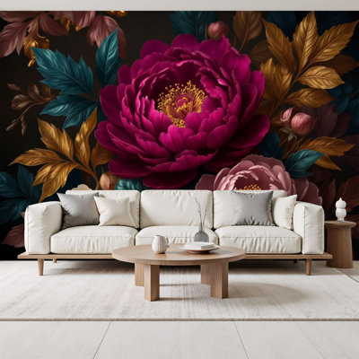 Papier peint adhésif pelucheux et luxueux avec pivoines, feuilles détaillées, peintures murales H 69 po x l 96 po, papier peint amovible en PVC, peinture murale auto-adhésive, décoration pour chambre à coucher, salon, chambre de bébé