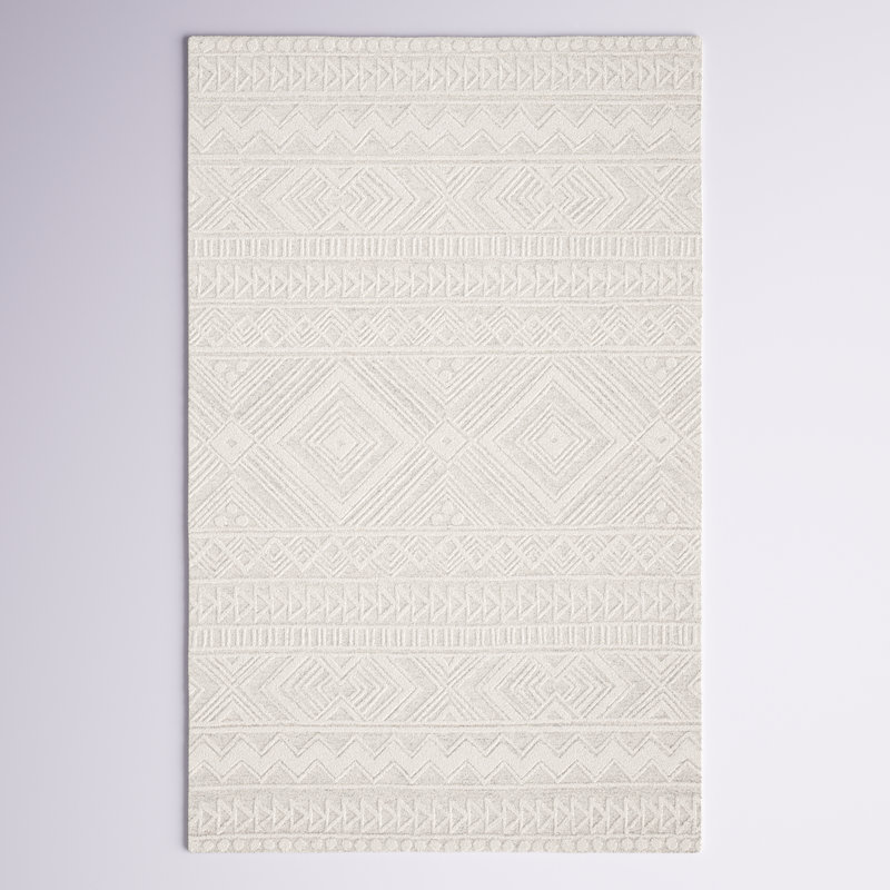 Kyndall Southwestern Handmade Tufted Wool Light Gray/Ivory Area Rug, Rectangle 8' x 10'