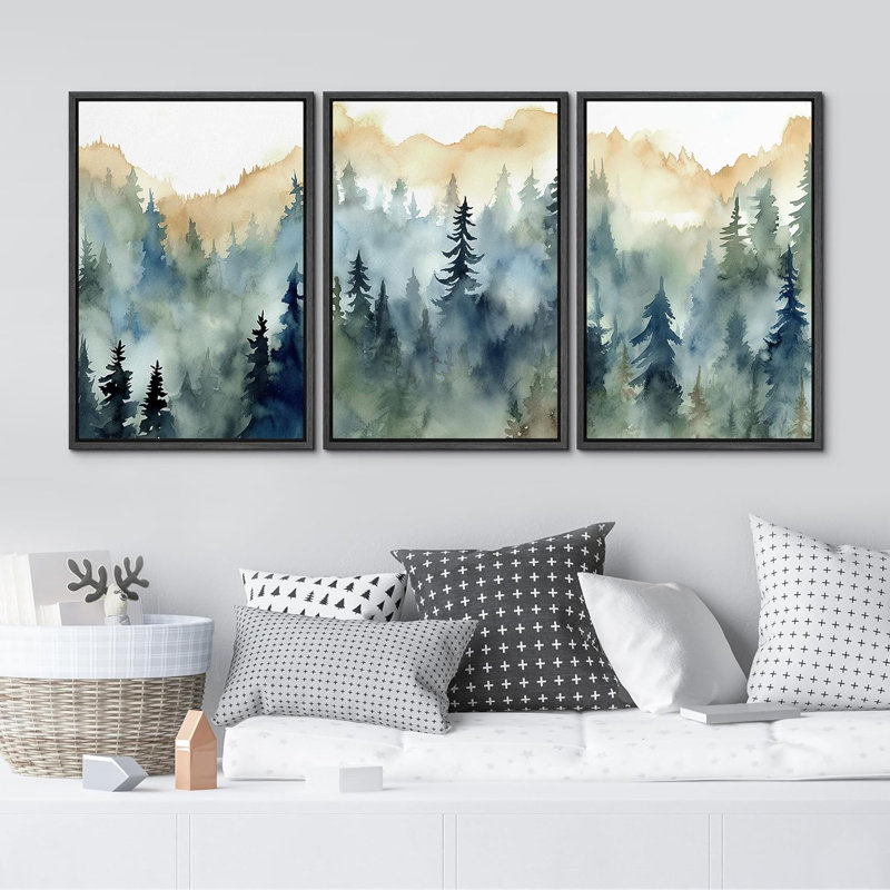 «Woodland Forest Landscape Pastel Watercolor Pine Tree Forest», reproduction encadrée sur toile, 3 pièces, Noir