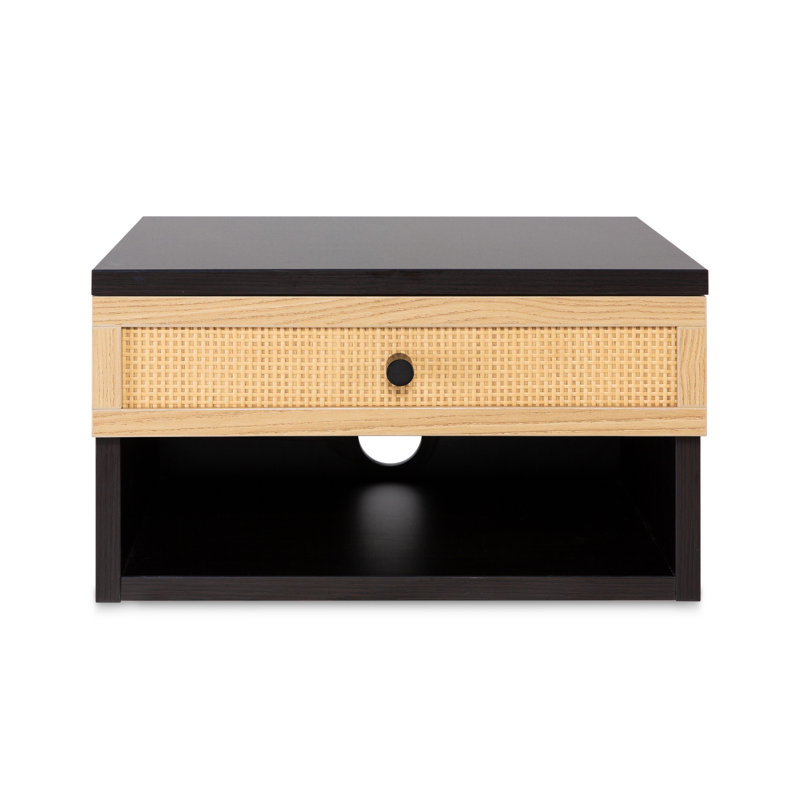 Table de chevet flottante murale 15,7 po Celerie, table de chevet brun foncé avec tiroir de rangement en rotin de chêne clair tissé et casier ouvert