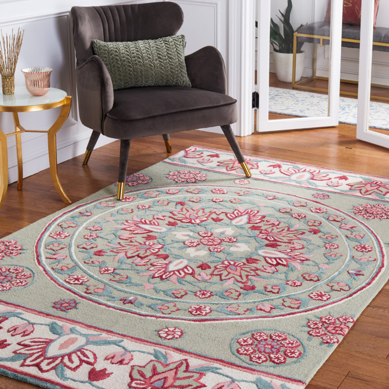 Sage and Ivory Floral Hand-Tufted Wool Area Rug