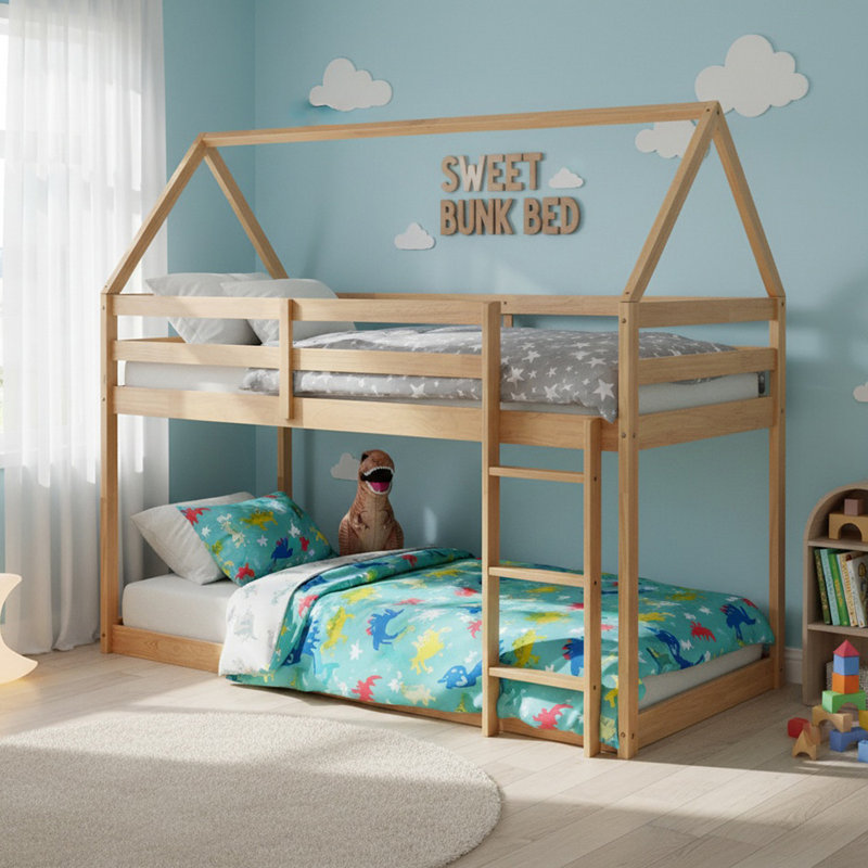 Solid Wood Twin over Twin Floor Bunk Bed with Ladder, House-Shaped Bunk Bed for Boys& Girls, Oak