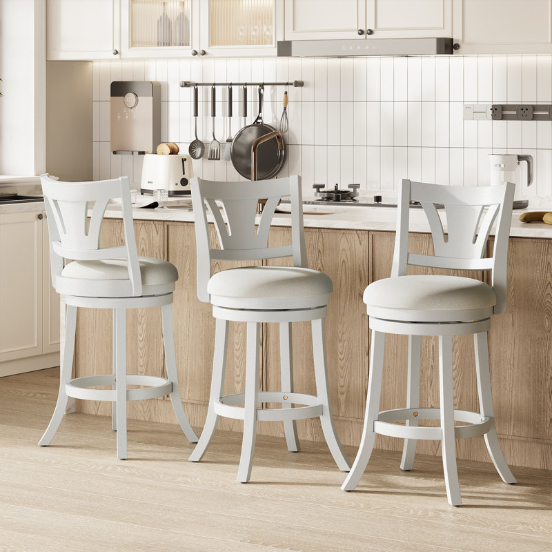 Upholstered Swivel Bar Stools with Curved Backrest & Solid Rubber Wood Legs, Counter Stool (26" Seat Height)