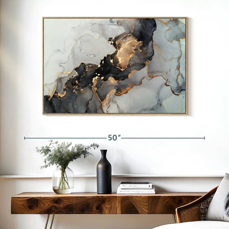 Éclaboussure noire et dorée, Cadre flottant en bois naturel, 40 po x 27 po