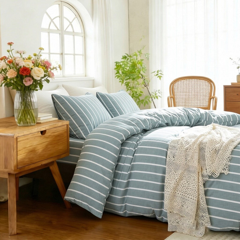 Ensemble de housse de couette à rayures 100% coton délavé XINMIANFANG, Vert/blanc