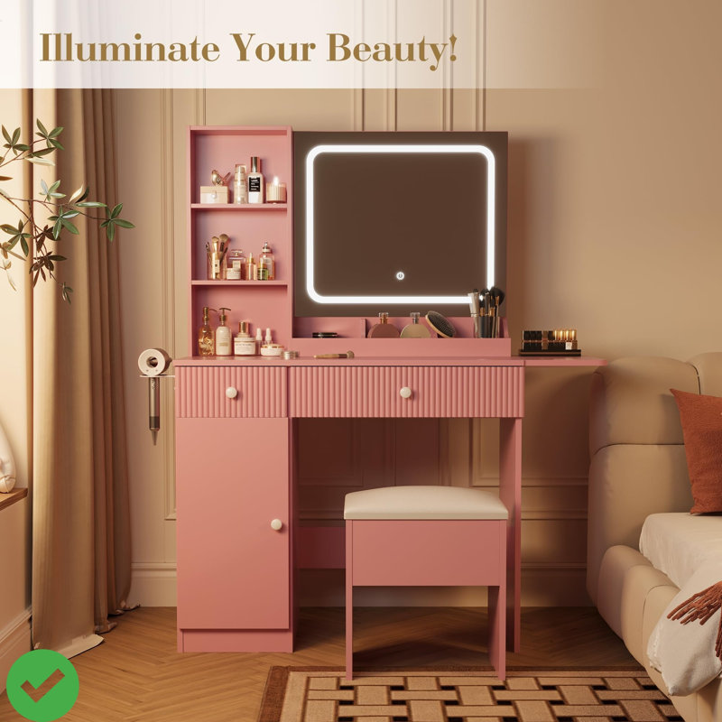 Meuble-lavabo cannelé avec miroir et lumières avec coiffeuse et tabouret de rangement, Rose