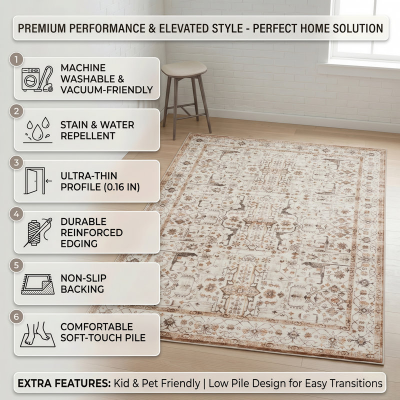 Machine Washable Vintage Oriental Area Rug Non-Slip Backing Beige/Brown Indoor Carpet for Living Room, Bedroom, Hallway Runner