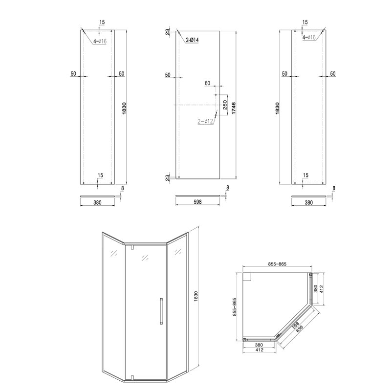 Porte de douche semi-sans cadre 34-1 / 8 "X 72" néo-angle, nickel brossé, Nickel