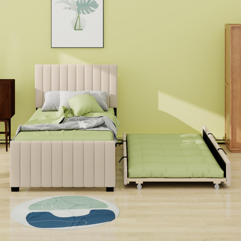 Structure de lit en velours avec lit gigogne et tête de lit escamotable, Beige