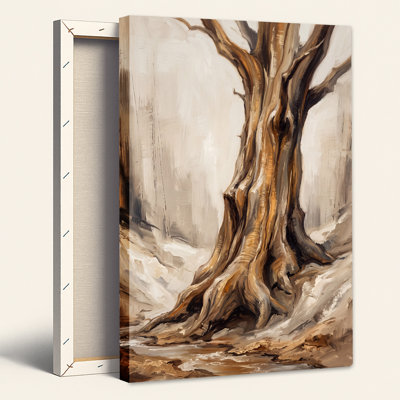 Tableau sur toile représentant un tronc d'arbre beige et brun aux racines apparentes dans une forêt blanche